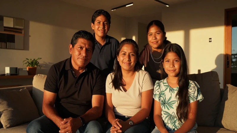 Familia mestiza sonriente en cálida luz dorada