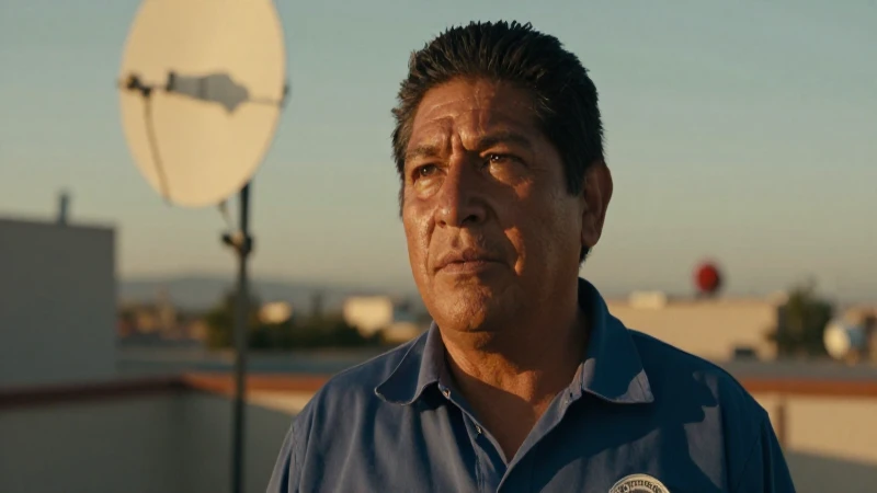 Técnico instalando antena al atardecer, cálido y cinematográfico