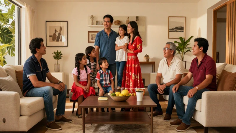 Familia mexicana, sala moderna, luz dorada cálida