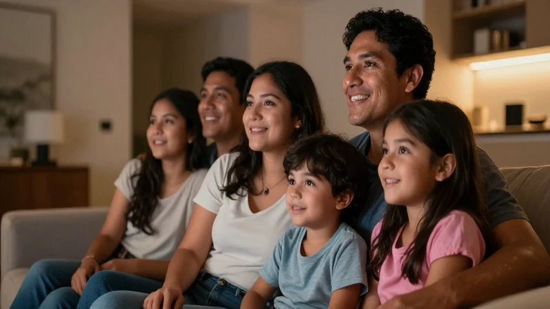 Megacable Uruapan ofrece telefonía, paquetes y atención al cliente 6 Familia feliz viendo televisión con luz cálida