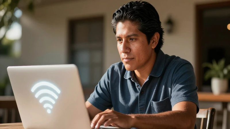 Mexicano, tez olivácea, usa laptop con Wi-Fi