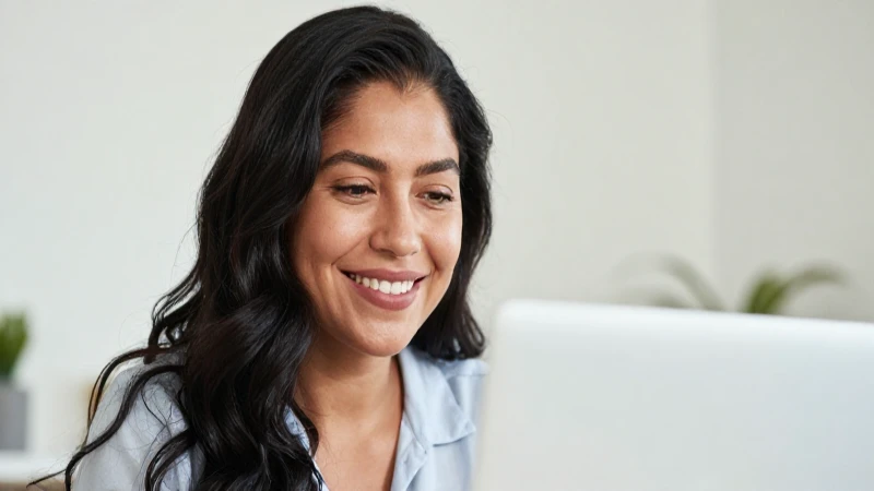 Cómo contratar Megacable en Villanueva fácil y rápido 4 Mujer mexicana sonriente, laptop, luz cálida