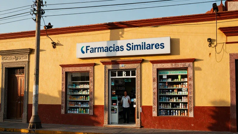 Fachada farmacéutica en Zacatepec, luz cálida