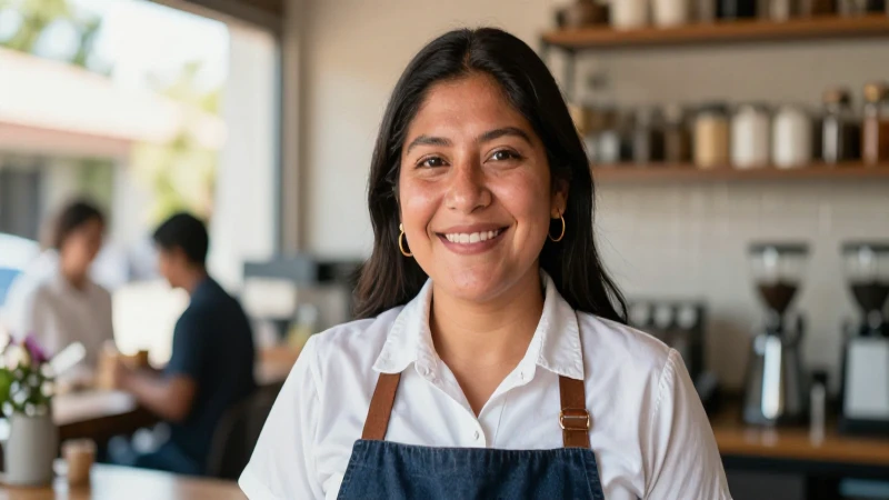 Barista mestiza sonríe en luminosa cafetería