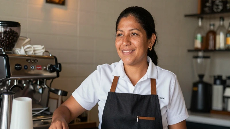 Barista mestiza sonríe bajo cálida luz