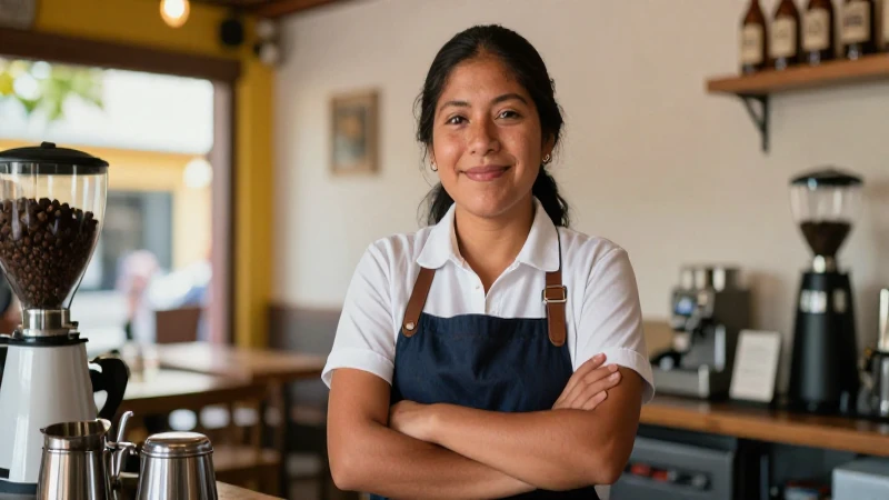 Barista mestiza sonríe en un café iluminado