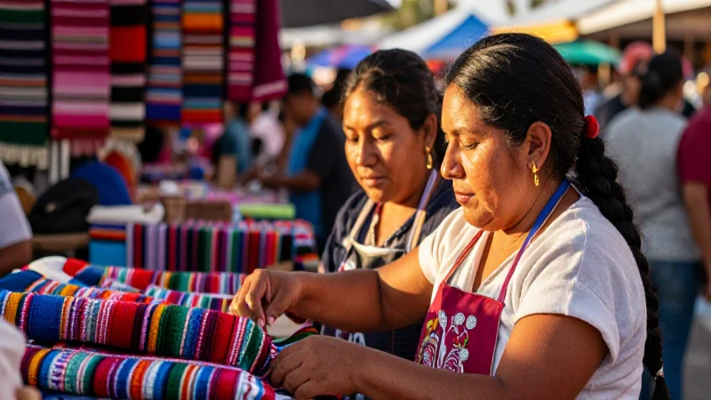 Mercado mexicano, luz cálida, ambiente bullicioso