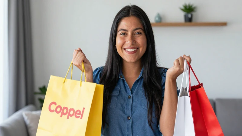 Mexicano sonriente con bolsas Coppel en casa