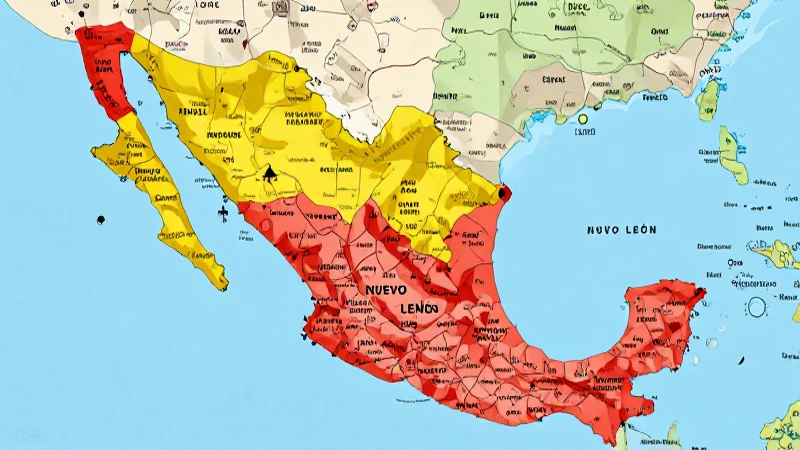 Mapa de México, Nuevo León destacado, colorido