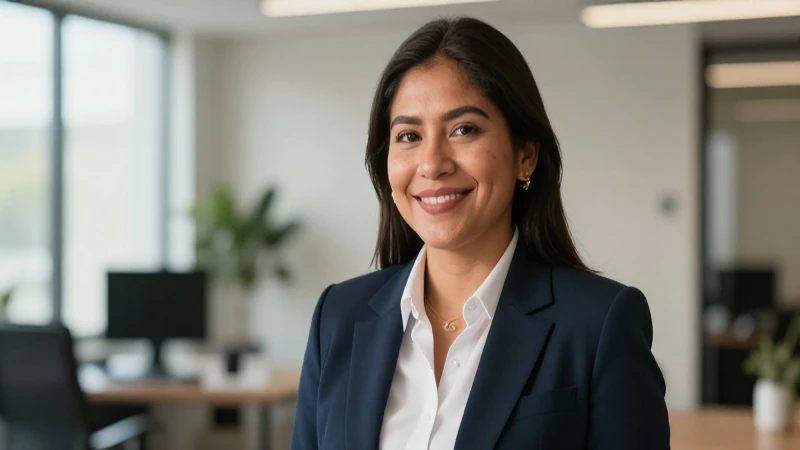 Mexicana, profesional, sonriente en oficina iluminada