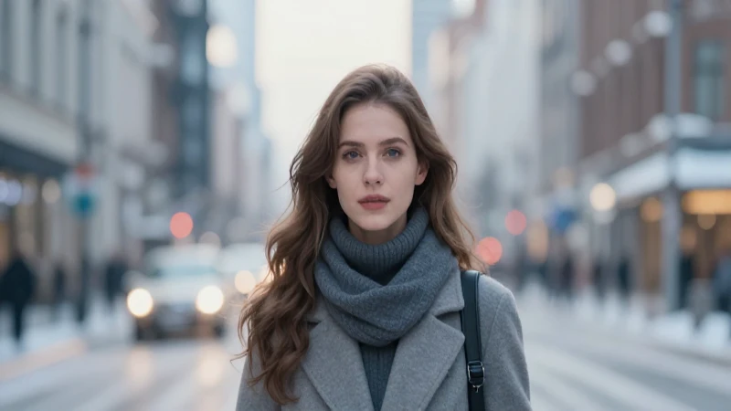 Mujer en paisaje urbano invernal iluminado suavemente