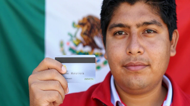 Mexicano con piel bronceada y tarjeta Banorte