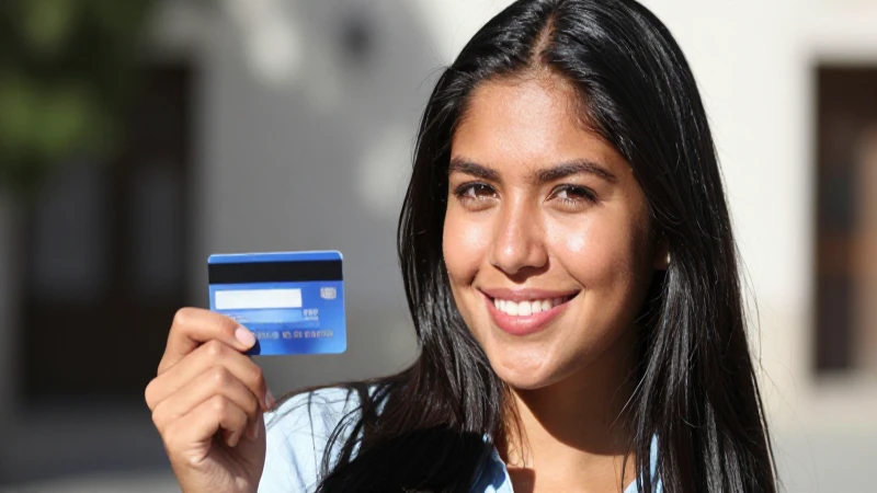 Mujer mexicana sonríe con tarjeta de crédito