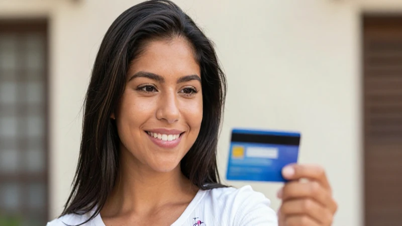Mujer mestiza sonriendo con tarjeta de crédito