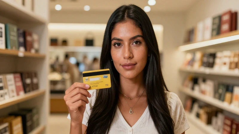 Mujer mestiza muestra su tarjeta en un local