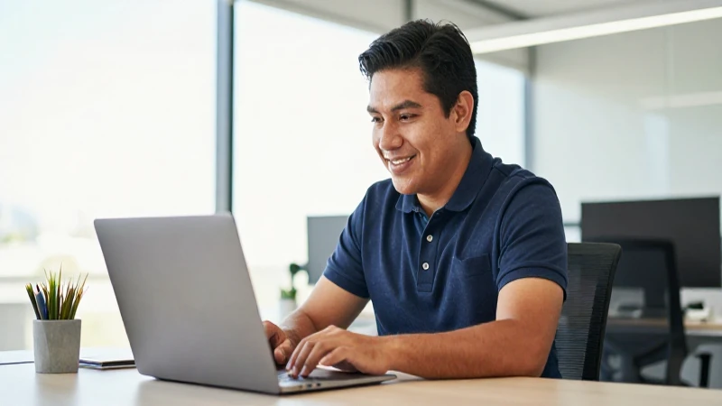 Persona mestiza sonríe trabajando en su oficina