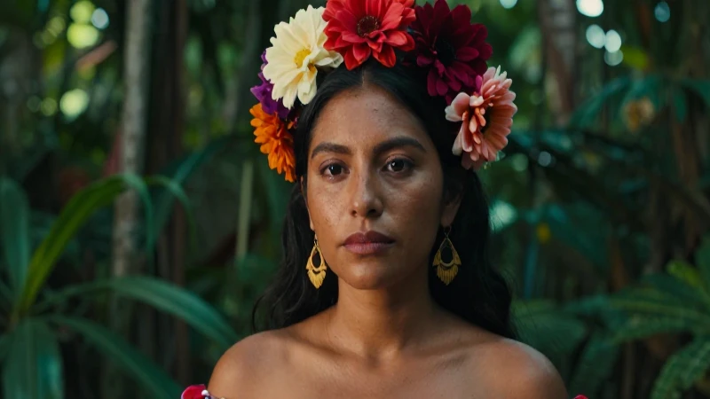 Mito de Chiapas: DESCUBRE las MÍTICAS Leyendas Ocultas 3 Mujer mestiza en selva, luz cinematográfica