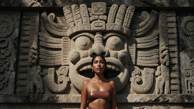 Mujer mestiza frente a la escultura de Quetzalcoatl
