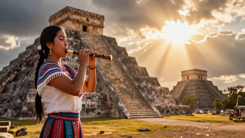 Pirámide tolteca, música indígena, luz dorada y mística