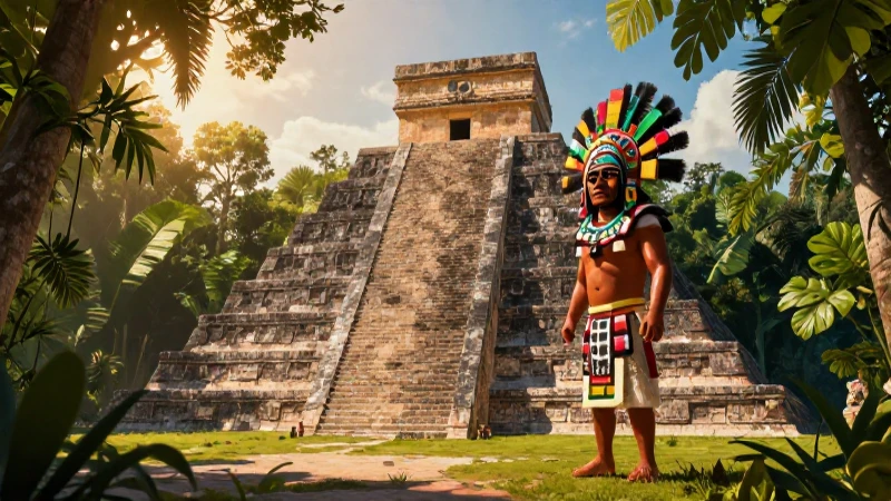Pirámide antigua en jungla, arte fantasía vibrante