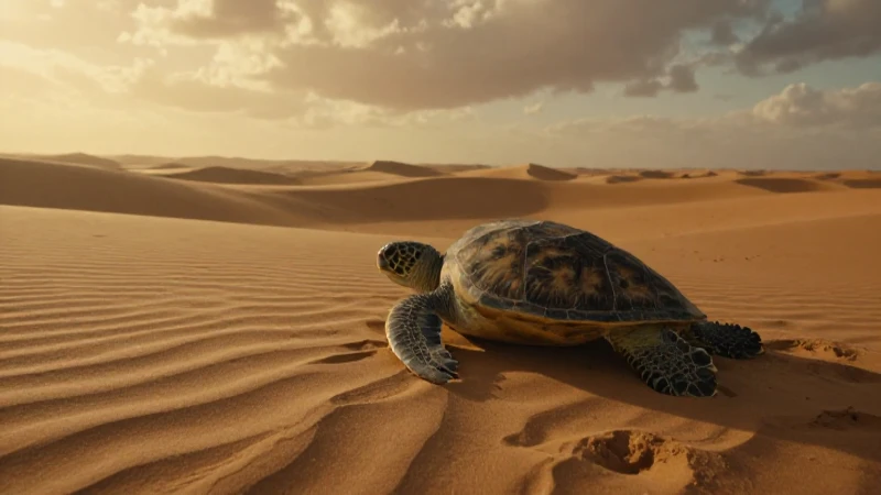 Mitos de BAJA CALIFORNIA SUR: DESCUBRE Leyendas FASCINANTES 3 Tortuga marina en paisaje desértico, luz dorada cinematográfica