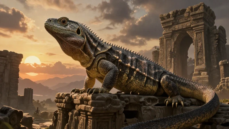 Mitos de BAJA CALIFORNIA SUR: DESCUBRE Leyendas FASCINANTES 4 Lagarto gigante en ruinas bajo el atardecer