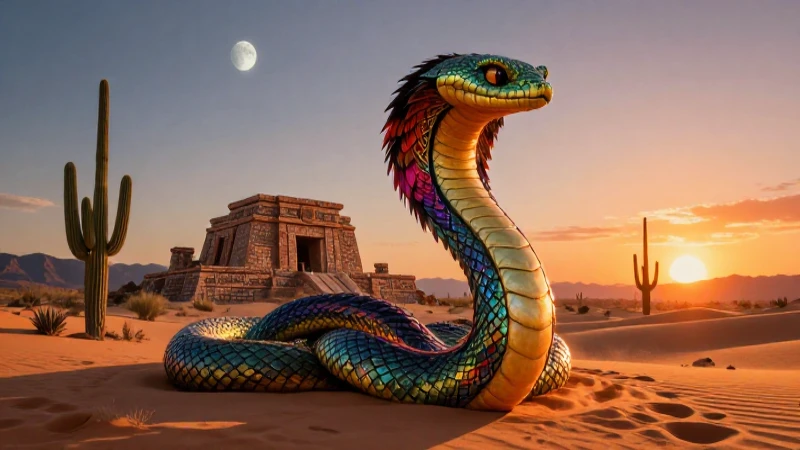 Mitos de Sonora: 10 Leyendas Sorprendentes que Debes Conocer 9 Serpiente emplumada en paisaje desértico místico