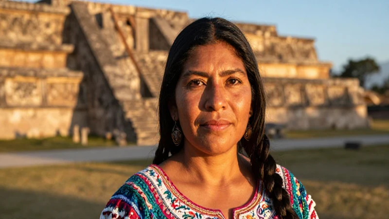 Mujer oaxaqueña, ruinas zapotecas, luz dorada