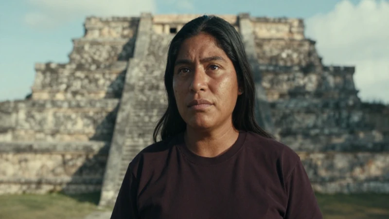 Persona mestiza ante ruinas ancestrales iluminadas