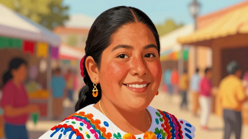 Mujer mexicana sonríe en mercado festivo