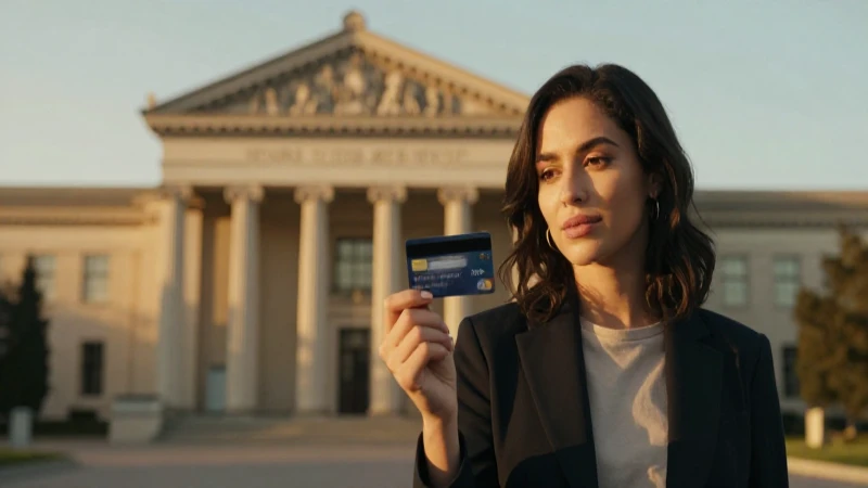 Mujer con tarjeta, banco al fondo, luz dorada