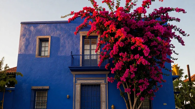 Costos, ubicación y horarios de los museos en México 4 Fachada azul, buganvillas y luz dorada romántica