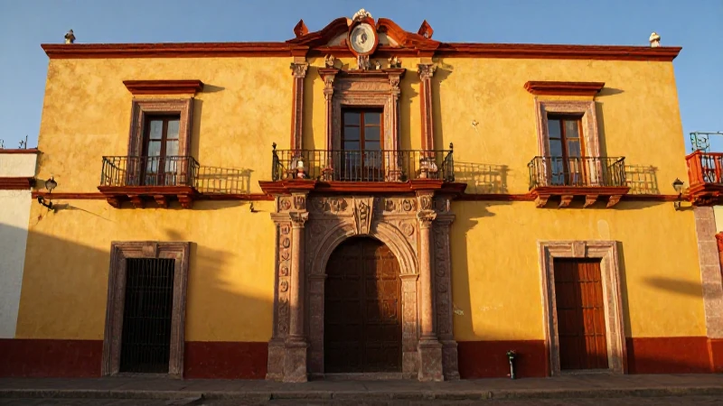 Fachada mexicana, cálida luz dorada y vibrante