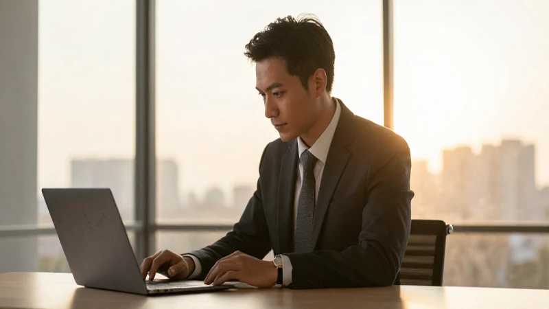 Hombre de negocios revisa finanzas al atardecer