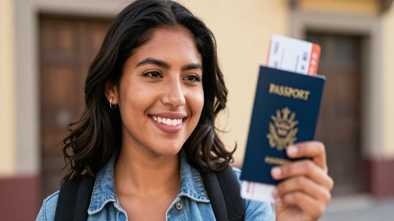 Mujer viaja, sonríe con alegría