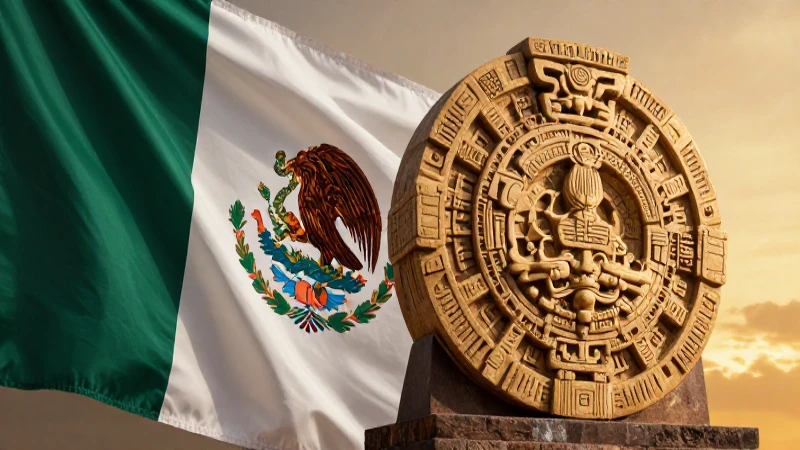 Banderas mexicanas, sol azteca, luz dorada y dramática