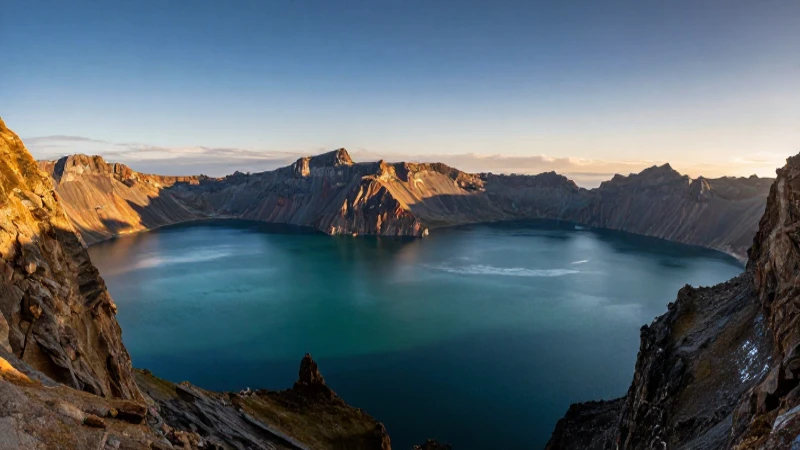 Montaña, lago y cielo en luz dorada