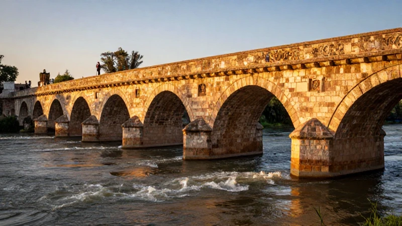 Puente antiguo, río, luz dorada y figura lejana