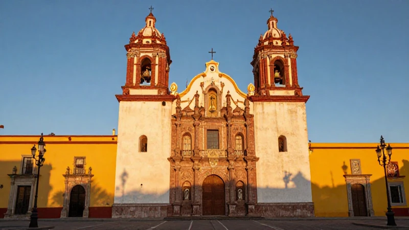 NUEVO TOLEDO MÉXICO: DESCUBRE DÓNDE ESTÁ y su ENCANTO 6 Arquitectura colonial mexicana al atardecer, vibrante y simétrica