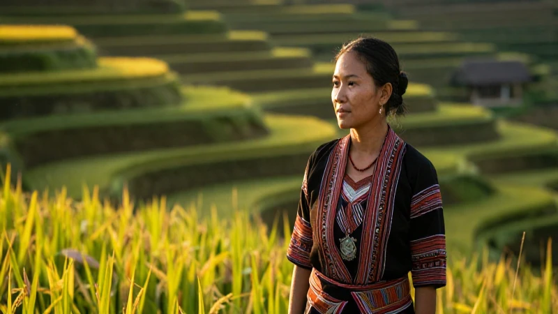 Mujer ifugao en arrozales, luz dorada
