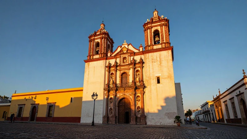 Iglesia colonial mexicana en luz dorada cinematográfica