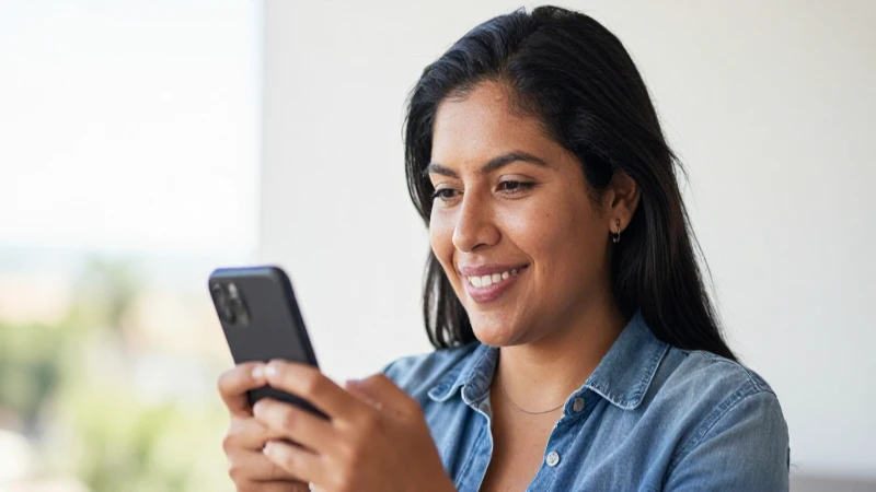 Consultar estado de cuenta Fonacot sin número de cliente 5 Mujer mestiza, sonriendo con el celular