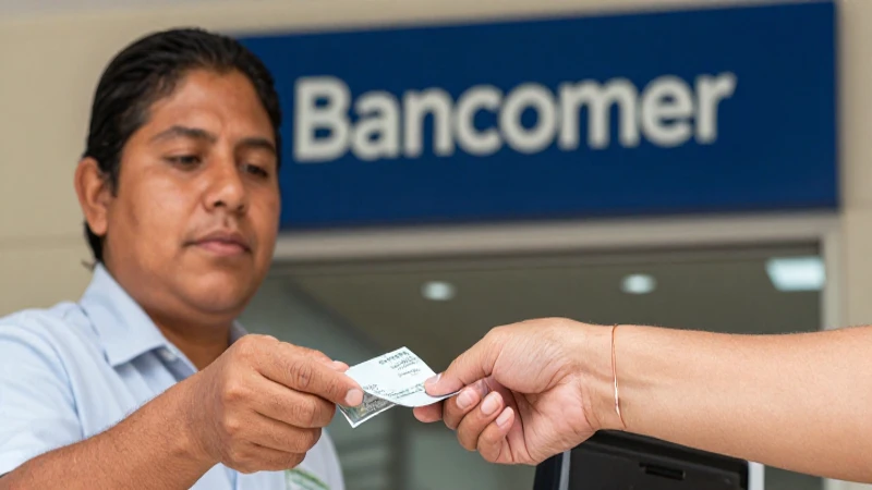 Mujer mestiza paga en Bancomer, luz cálida