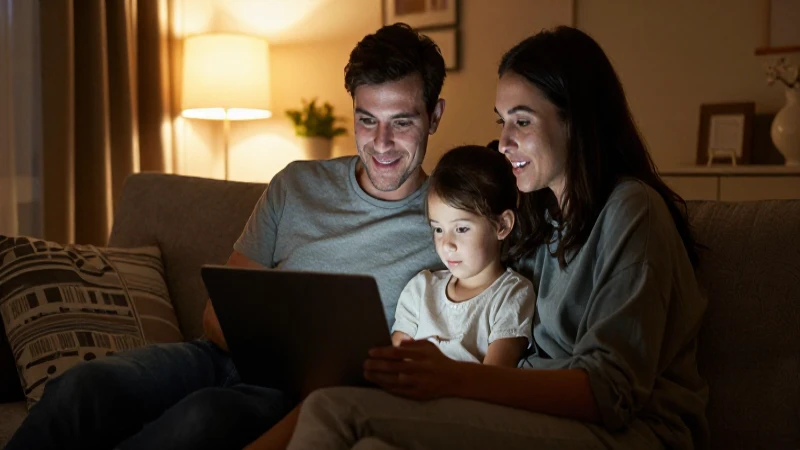 Familia feliz bajo luz cálida y acogedora