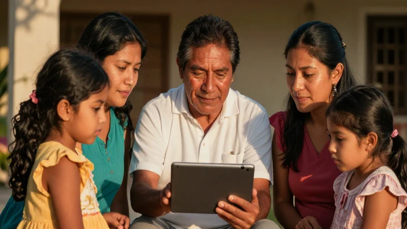 Familia mestiza disfruta la luz dorada en tablet