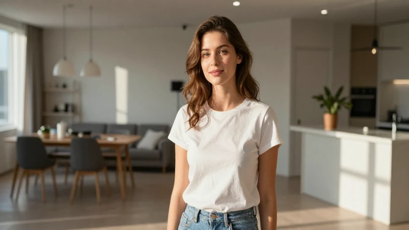 Joven mujer en un apartamento luminoso y cálido