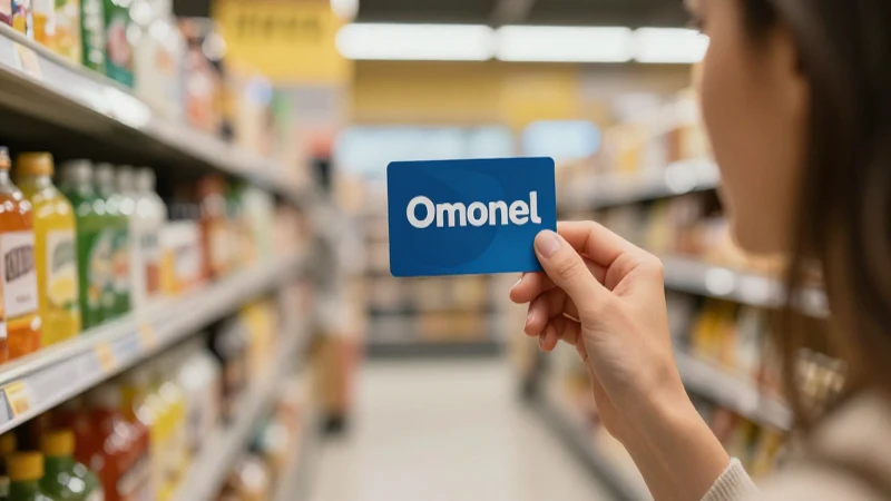 Mujer en supermercado, sosteniendo tarjeta Omonel