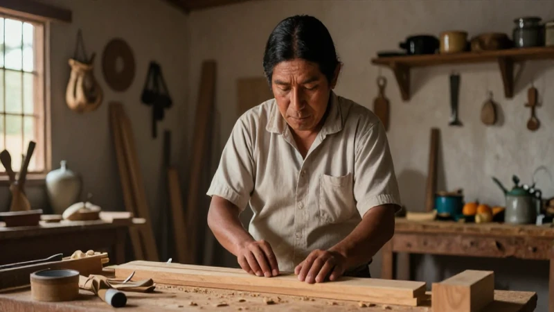 Mestiza enseña carpintería en un taller cálido