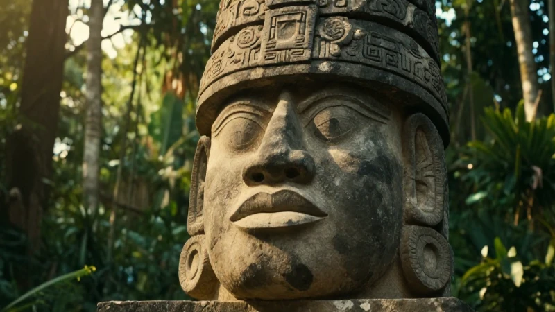 Veracruz: Descubre sus Orígenes y Riqueza Cultural 3 Cabeza olmeca imponente, bosque tropical, luz dorada