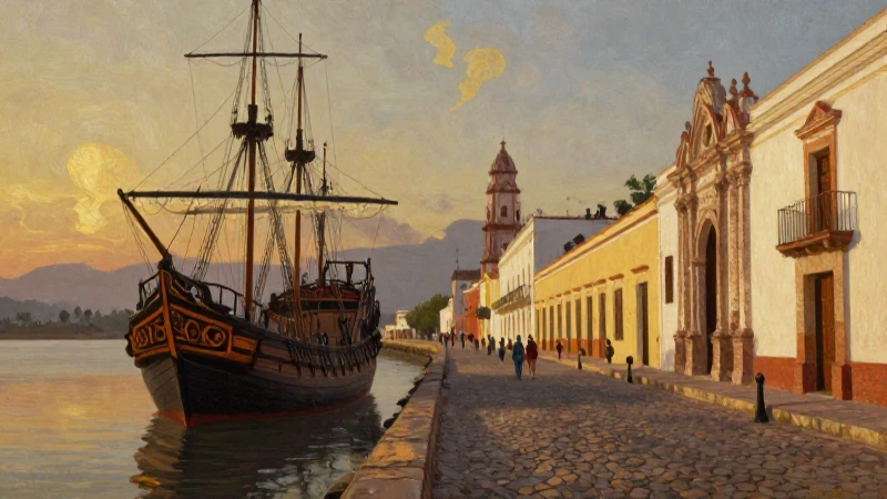 Veracruz: Descubre sus Orígenes y Riqueza Cultural 5 Veracruz colonial, un galeón al atardecer